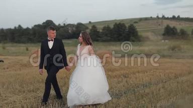 新郎新娘穿过田野。 新婚夫妇。 新婚快乐